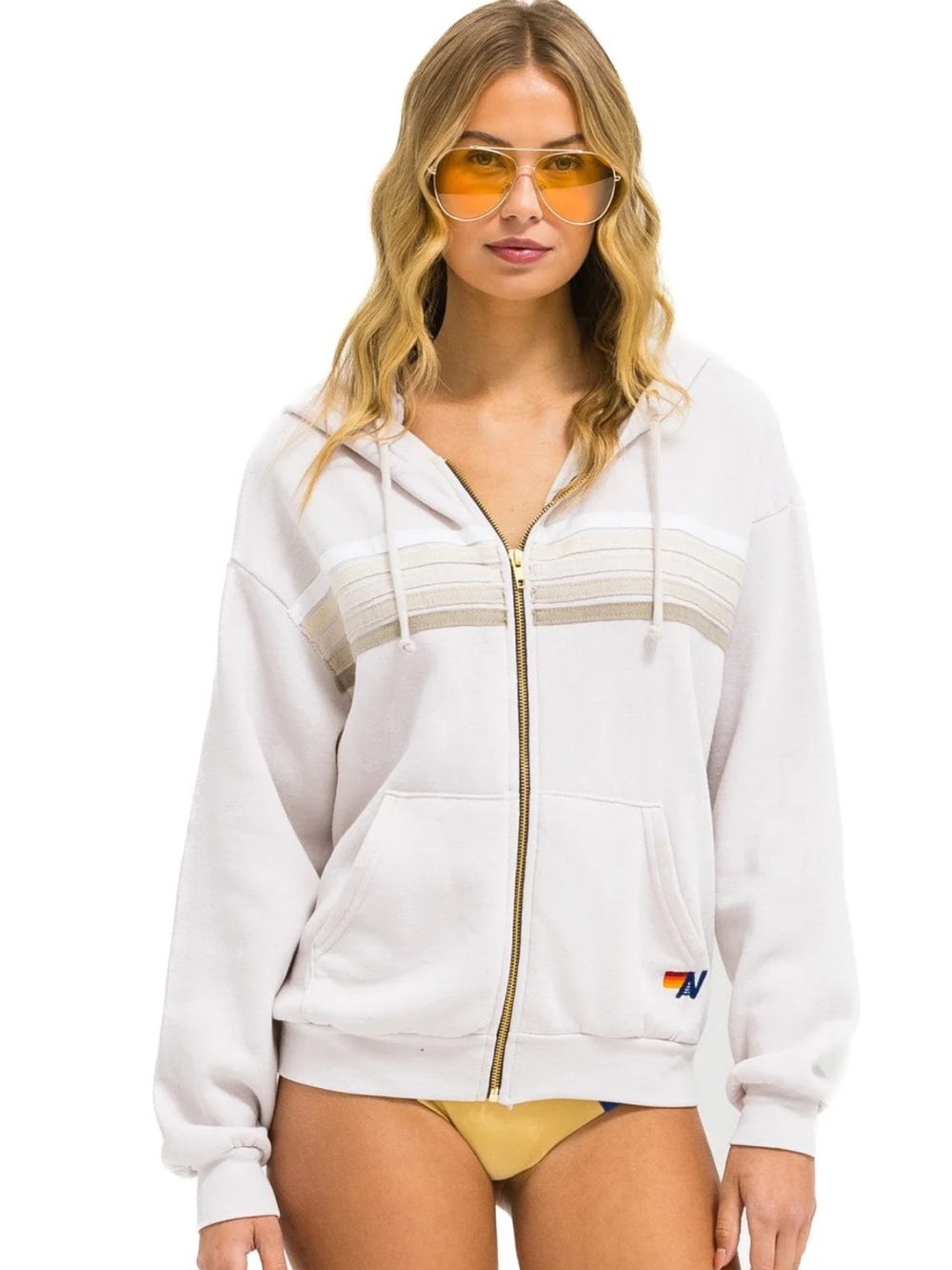 Aviator Nation Cream Zip-Up Hoodie with Beige Stripe